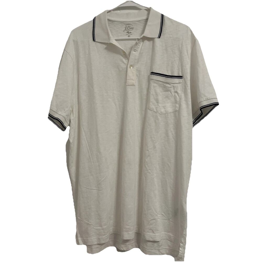 J Crew Knit Goods Polo Shirt White With Pocket Blue Trim Men's L 100% Cotton NWT